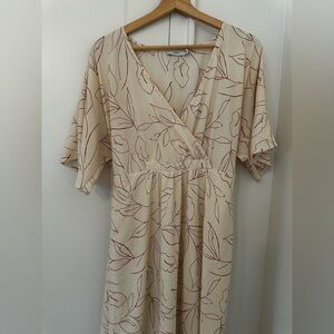 Lush Cream and Red Leaf Pattern Midi Dress